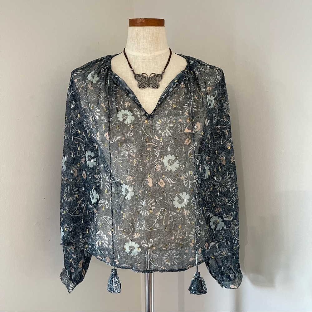 Anthropologie Let Me Be Blue Floral puff sleeves sheer top Small